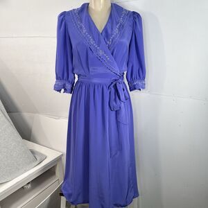 VINTAGE LIZ CLAIBORNE Purple Wrap Dress Ruffle V-Neck Belt Church 10*